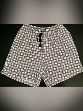 LizBlack & White Plaid Drawstring Shorts with Red Accents